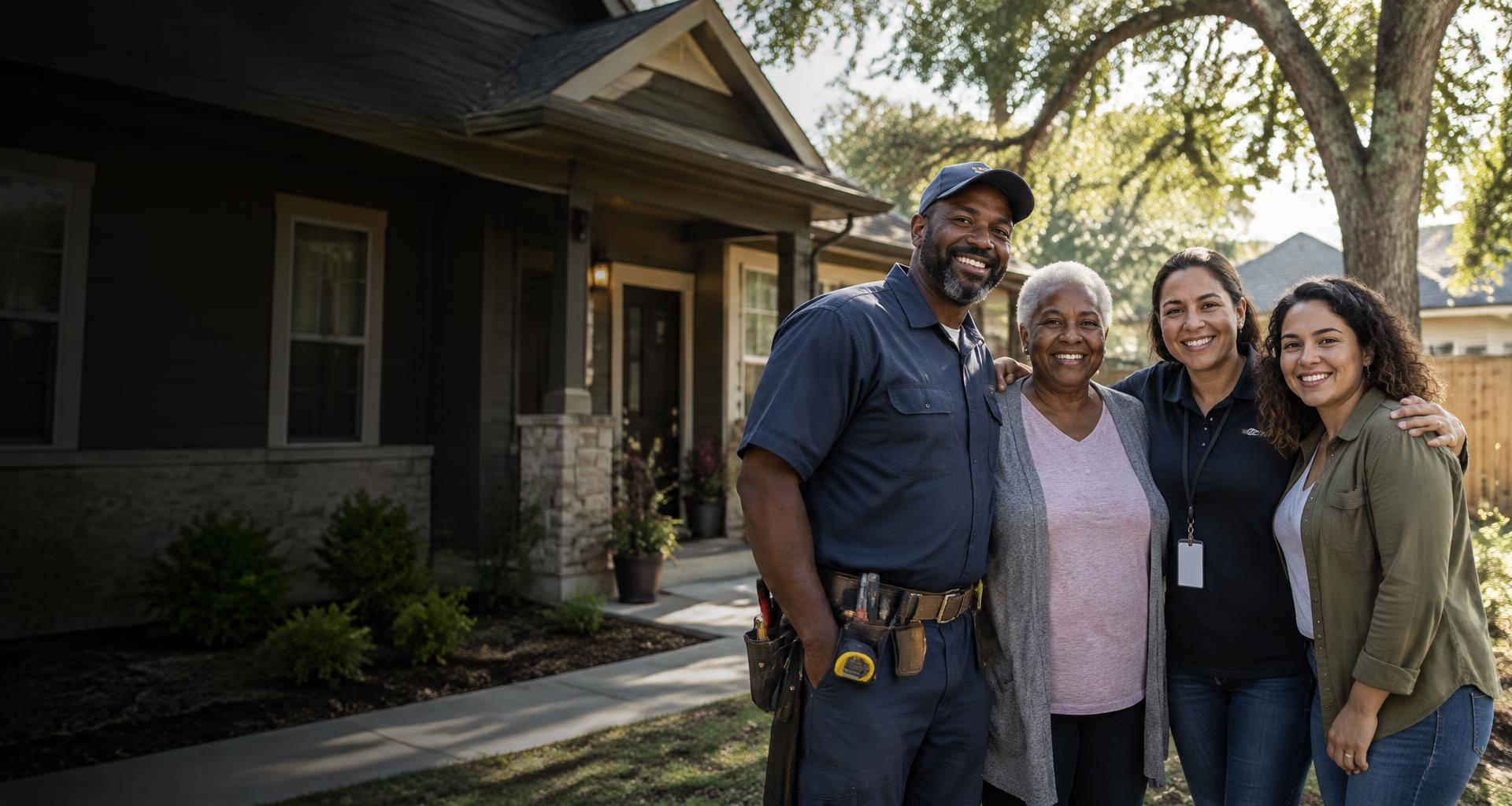 Community members standing together outside a welcoming home
