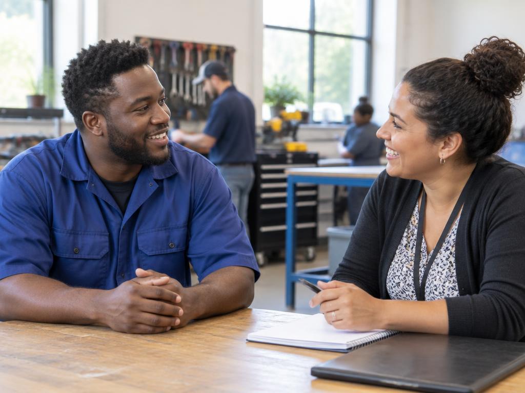 A worker meeting with an employment coordinator